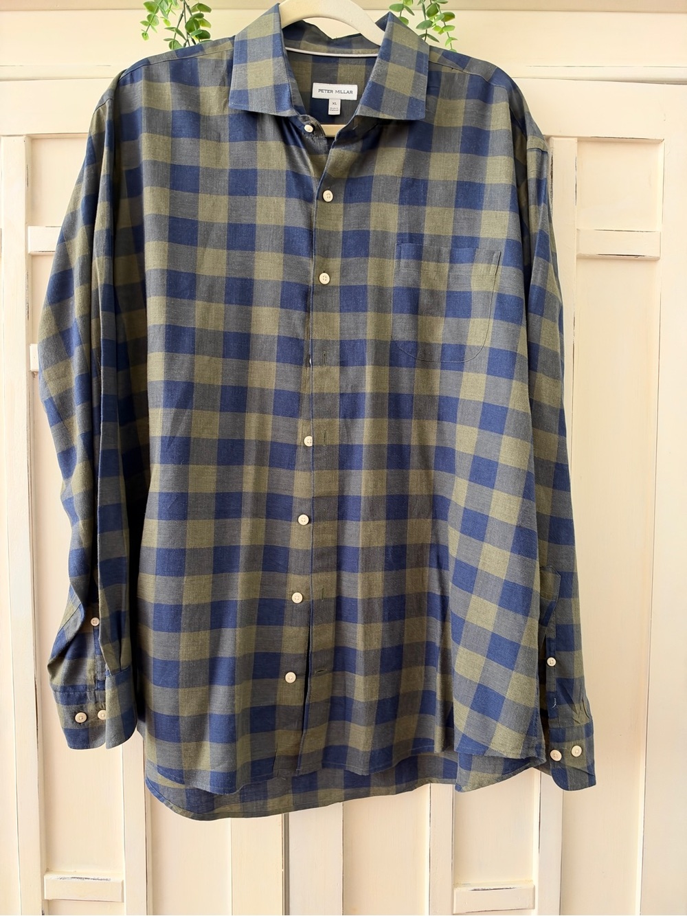 Peter Millar Olive and Blue Plaid Button-Down Shirt size XL